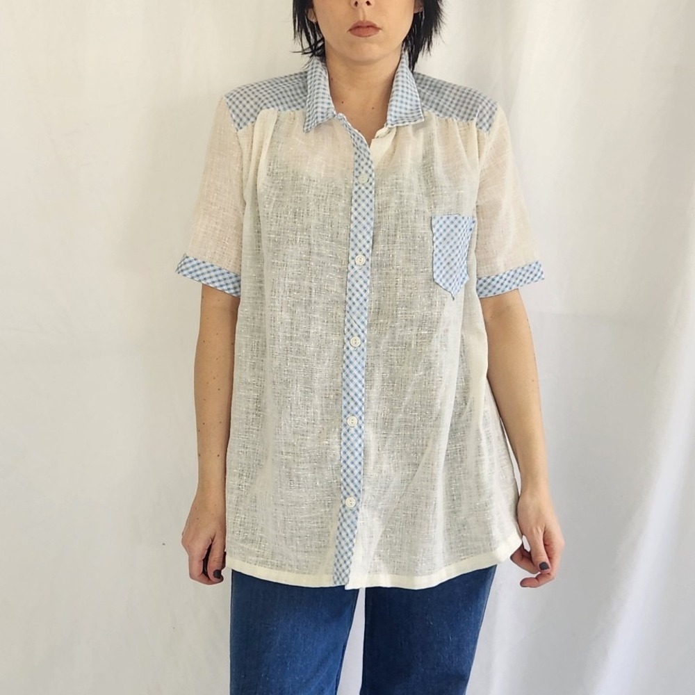 70s White and Blue Button Down‎ Shirt with Gingham Accents